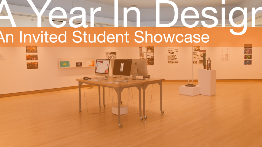 A gallery tinted in orange with various technologies with text above reading: A Year In Design: An Invited Student Showcase
