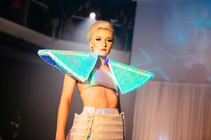Emily Gross models the UW-Stout entry in the Fusion + Fashion show in Minneapolis. The entry was second runner-up in the Best in Show category.