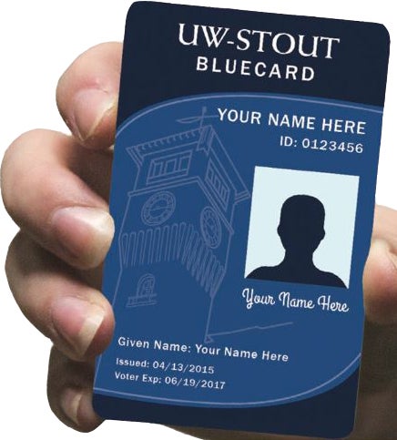Student holding a Stout BlueCard,