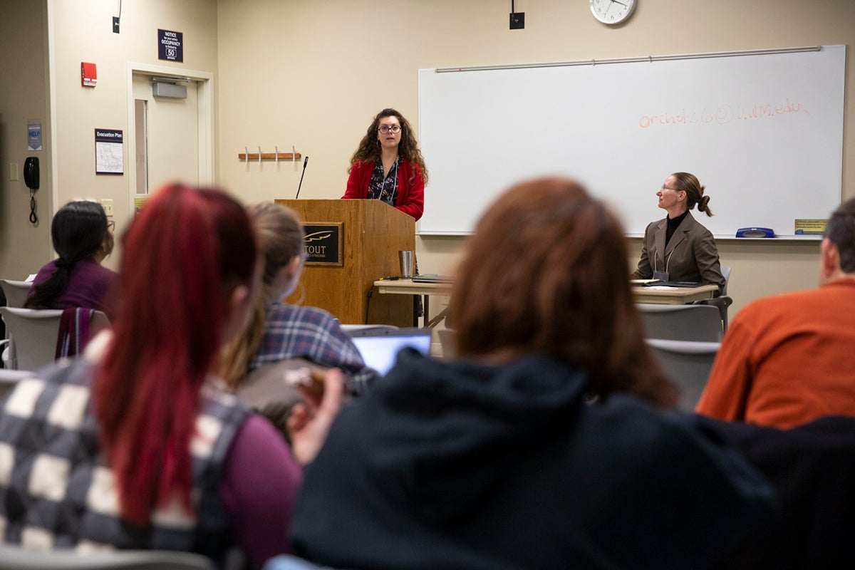 Kathryn Reuter, graduate student in history from UW-Milwaukee, talks about the biopolitics of food not bombs at the Civil Liberties Symposium at UW-Stout