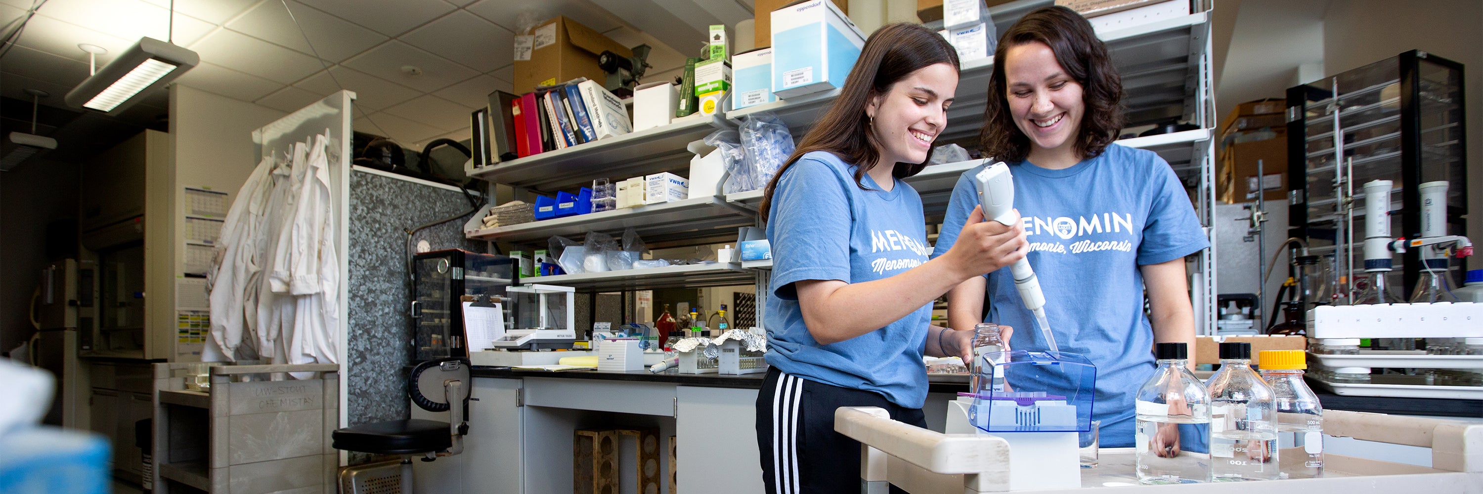 LAKES REU students Marcella Domka, at left, and Madeline Tripp, test lake water in a UW-Stout lab. / UW-Stout photos by Chris Cooper