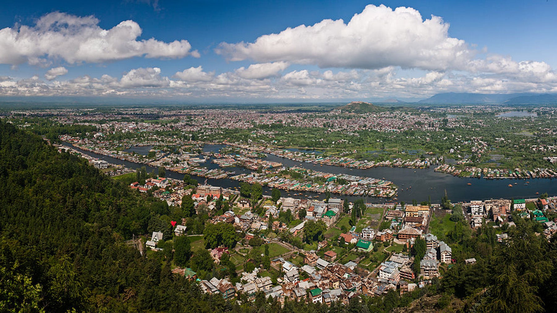 A panoramic view of Srinigar, Kashmir. Photo by Kenny OMG, from Wikipedia.