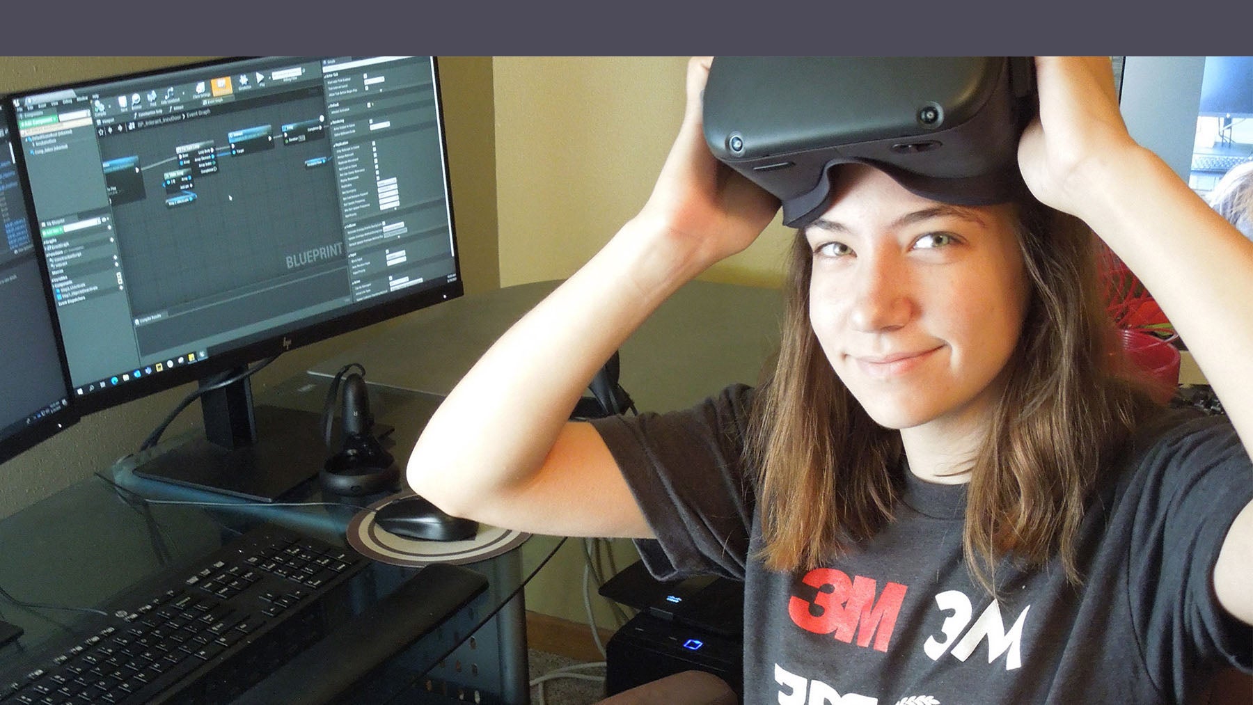 Mary Benetti, game design and development senior, with her Oculus Quest virtual headset.