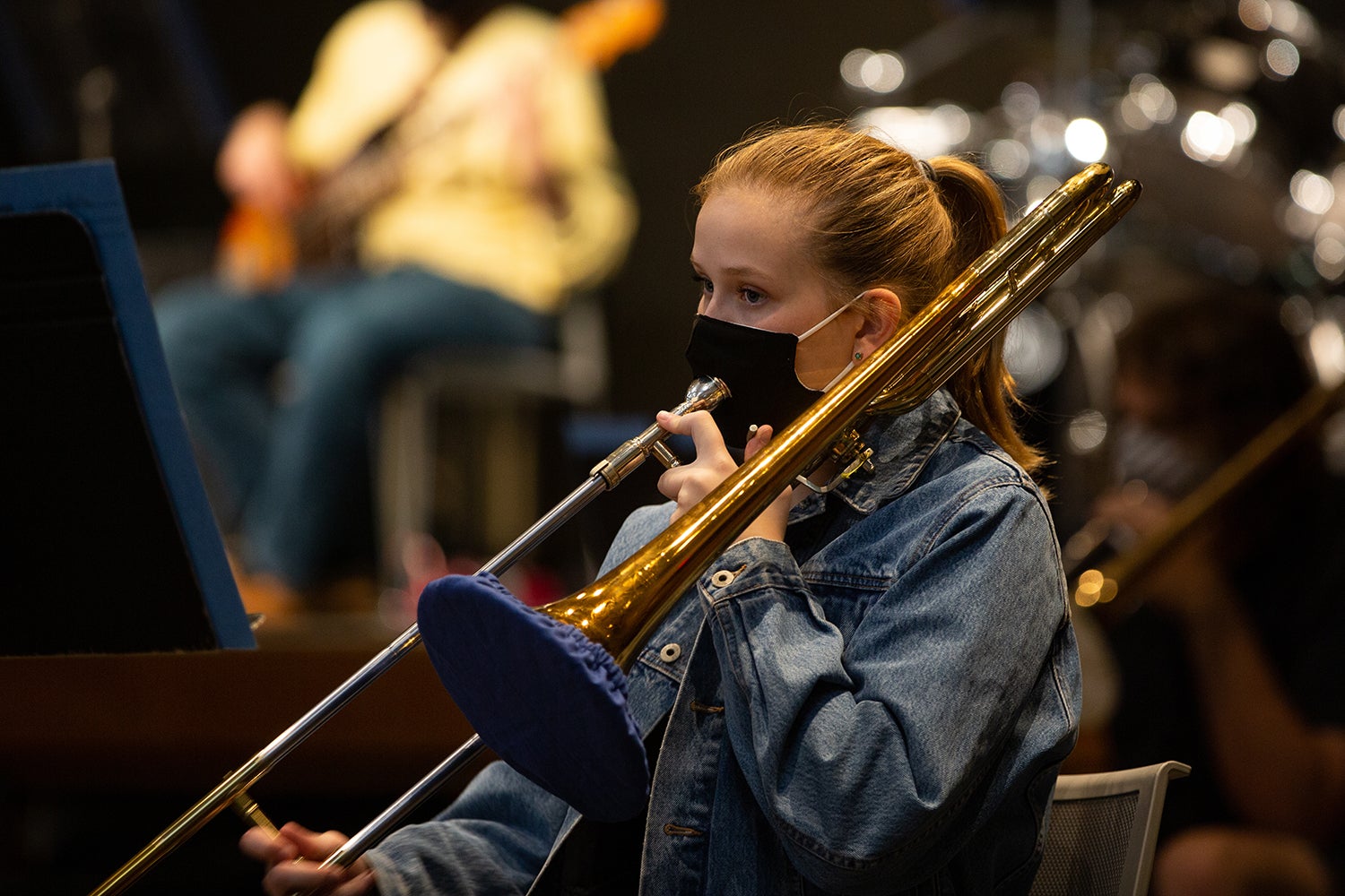 Trombonist Jamie Anderson practices with the Jazz Orchestra this fall.