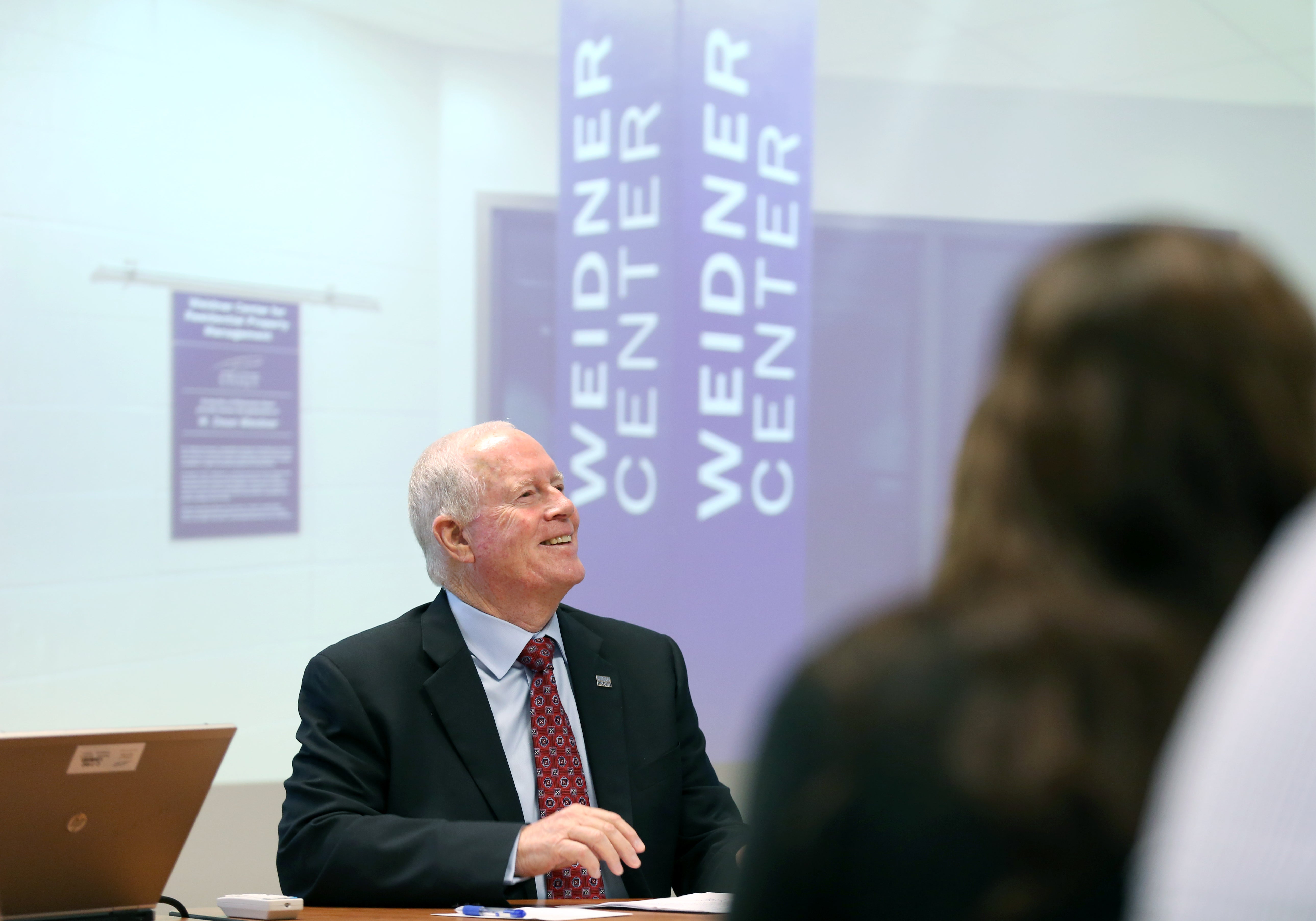 Dean Weidner visits UW-Stout in 2015 for the dedication of the Weidner Center for Residential Property Management in Heritage Hall.