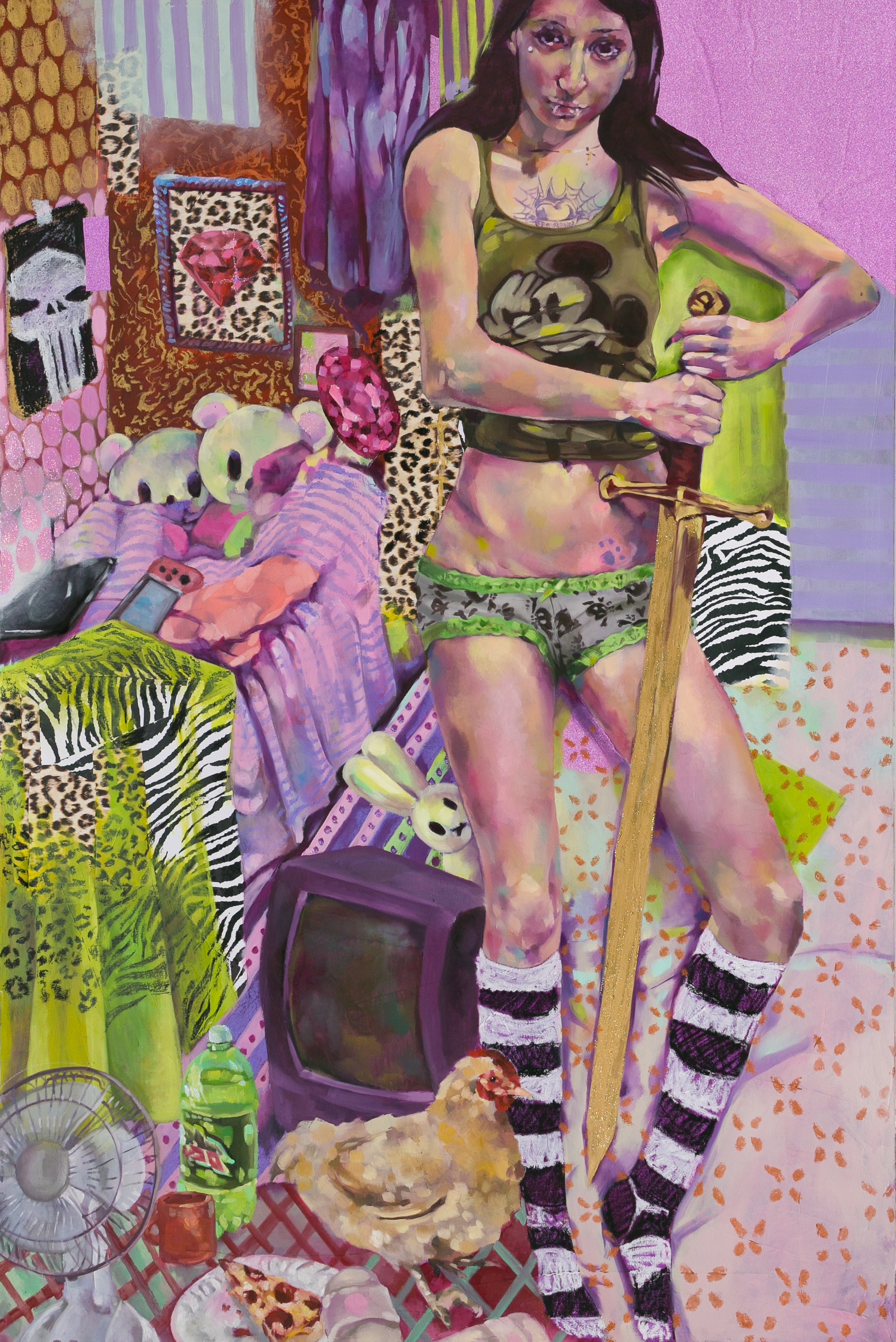 Painting of a woman by here bed surrounded by a chicken, a fan, Mountain Dew, pizza slice, mug, and monitor sitting sideways on the floor, stuffed animals and video games on the bed, and posters on the wall