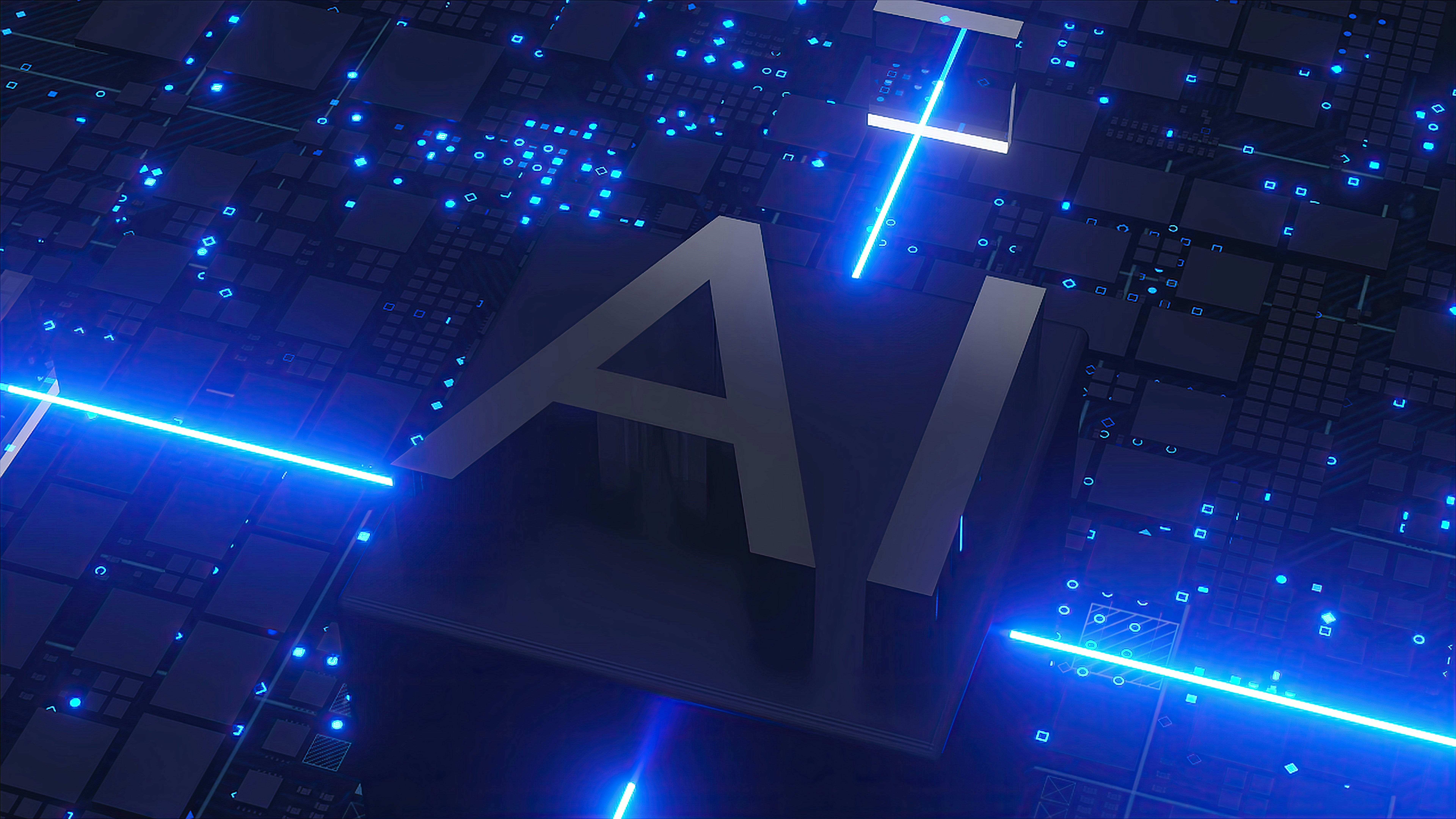 3D render of a dark circuit board with large AI letters, illuminated by bright blue neon light streaks and glowing particles