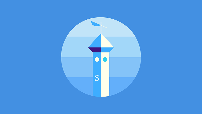 illustrated clocktower in a circle with blue background