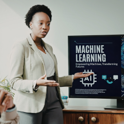 A professional woman in a blazer presents in front of a screen displaying the words "Machine Learning: Empowering Machines, Transforming Futures" with an AI graphic.