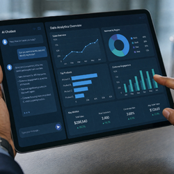 Hands holding a tablet showing a dark-themed data analytics dashboard with charts, graphs, metrics, and an AI chatbot panel