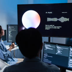 A person works at a multi-monitor workstation in a dimly lit room, with a large screen displaying an AI voice assistant interface and glowing orb visual.