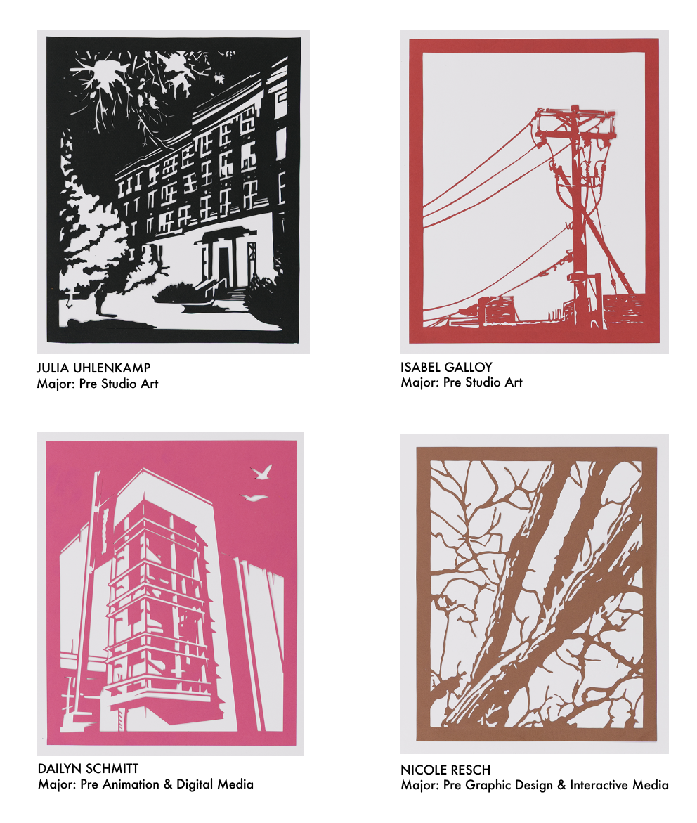 A collection of papercut campus views, often focused on details such as power lines and tree branches