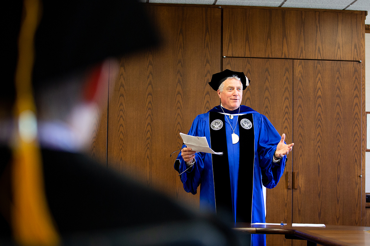 Chancellor Bob Meyer address the student athletes at a special commencement ceremony Tuesday, May 7.