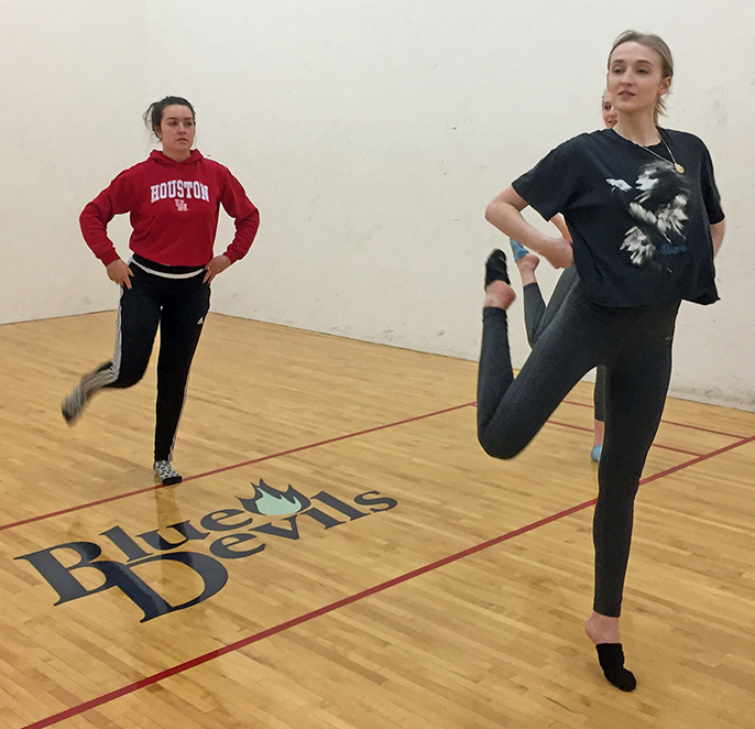 UW-Stout students Stephanie Morzewski, at left, and Lindsey Tutewohl practice dance steps to a Christina Aguilera song “Ain’t No Other Man.”