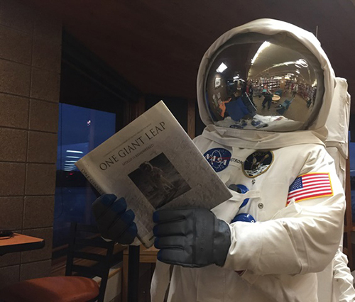 Scott at the Menomonie Public Library in his spacesuit. The library is celebrating the 50th anniversary of the first man on the moon with special programming.