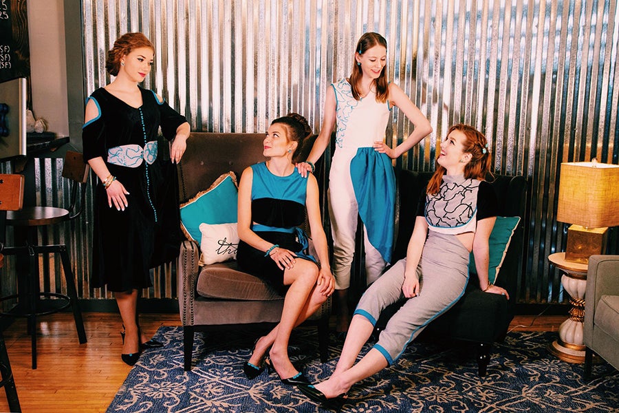 Farah Alfayruz’ collection entitled “Fayruz” includes models Abrina Leonhard, at left, Natalie Bruns, Kelsey Yana and Ravyn Swanson.