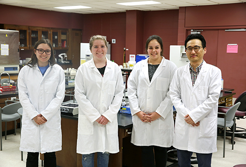 Some of the students who were part of the team include, left to right, Erica Zalk, Paige Elfring, Sarah Keute and assistant professore in food microbiology and food safety Taejo Kim