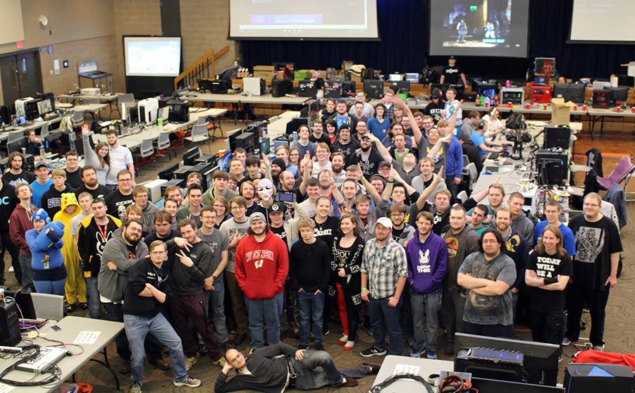 Students compete in a PONG event at UW-Stout. PONG is a student club for friendly video game competitions.