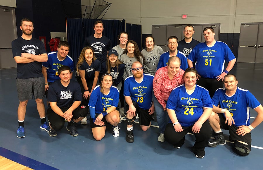 Members of UW-Stout’s Student-Athlete Advisory Committee work with a group of Special Olympics athletes recently.