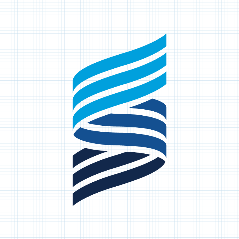 Stout "S" logo on a grid-paper background. The S comprises three sections of three ribbons of increasingly dense blues with the bottom stripe in navy, the middle swoosh in cobalt, and the top ribbons in cyan. 