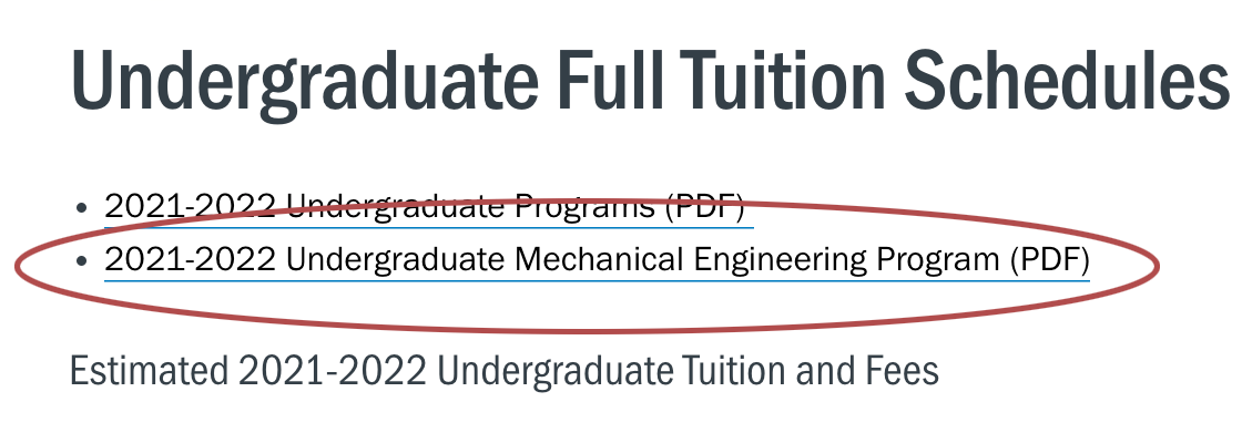 screenshot of Tuitions & Fees page