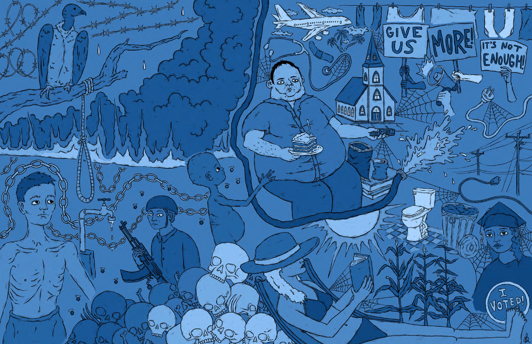 blue monotone artwork by Daphne Moseman about "the many freedoms and privileges that those in America have access to, yet so often take advantage of."