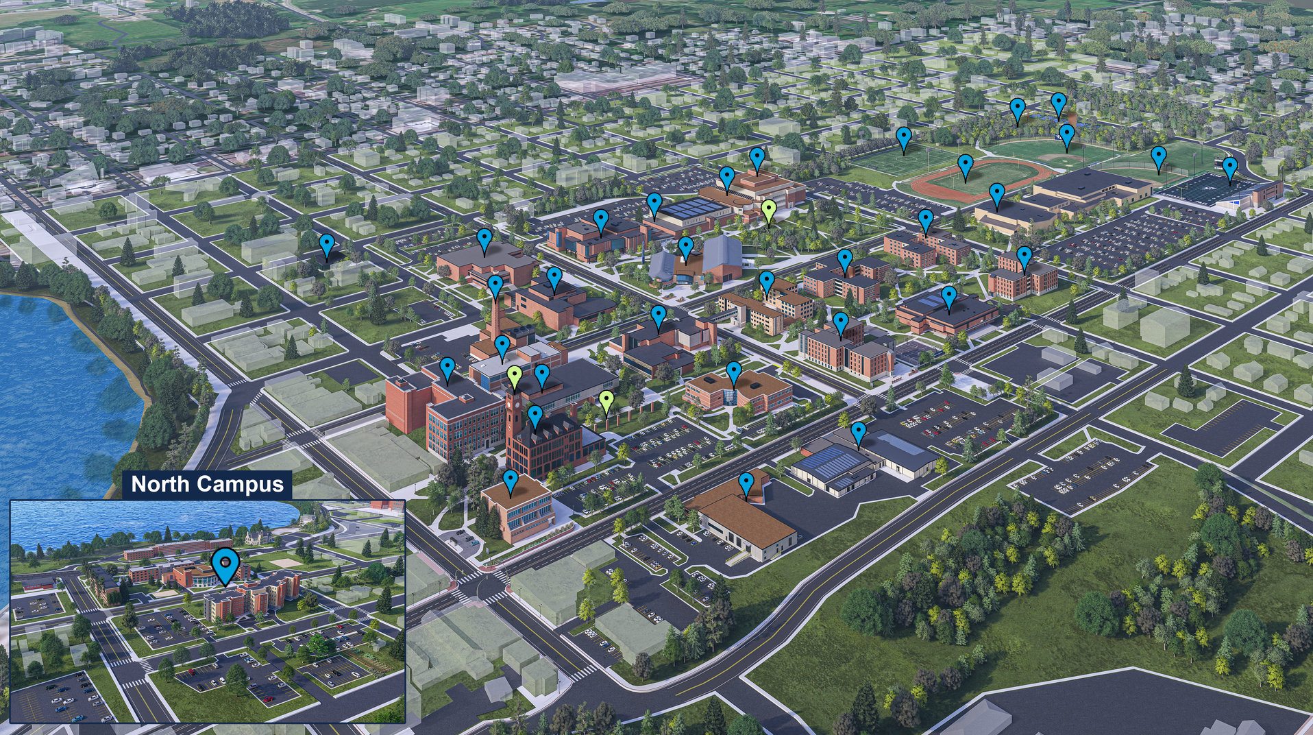 Illustrated map of UW-Stout will buildings and locations identified by icons.