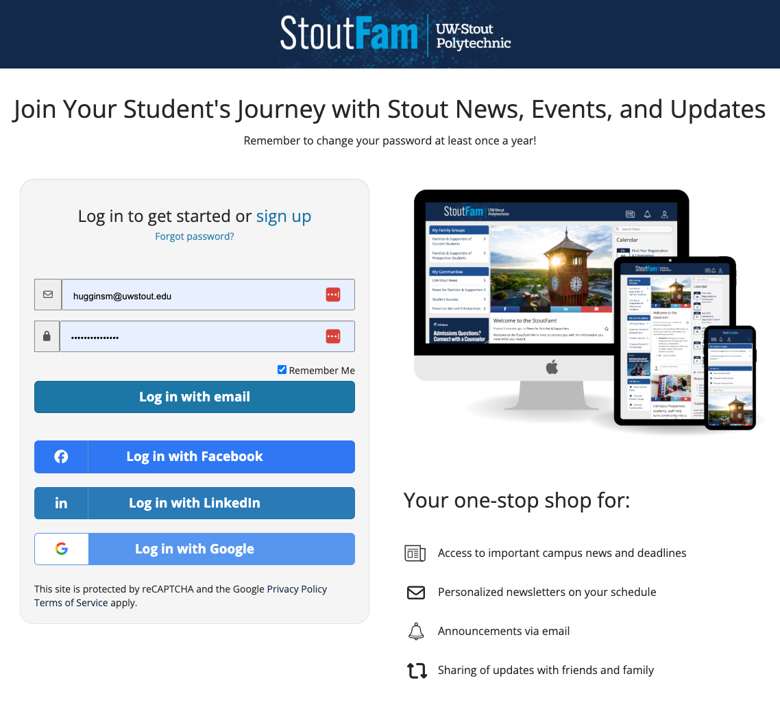Screenshot of the StoutFam news portal login page, including a login interface, images for desktop and mobile views of the portal, and the benefits it offers.