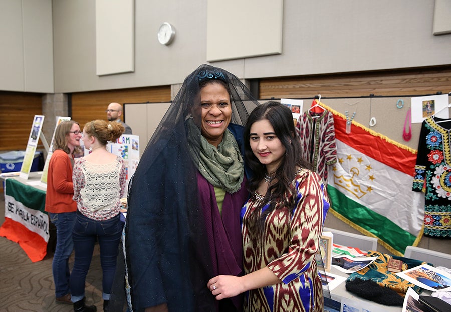 Umarova with a friend, Semone Thomas, of Menomonie. Umarova was a Menomonie High School exchange student. After returning home to Tajikistan for the summer, she dreamed of being able to return and attend UW-Stout. Funds were raised to buy her airfare back to the U.S. /UW-Stout photo by Brett T. Roseman