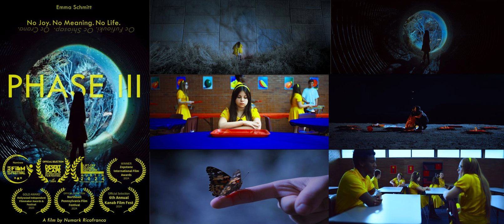 The poster and six stills from the film Phase III. The poster has a girl silhouetted before a circular tunnel that leads to a bright natural landscape with the yellow text "Phase III". The tagline "No Joy. No Meaning. No Life." is written in yellow text along the top. Beside this are six stills from the film. The first shows a girl in a yellow coat walking on pavement beside a thick hedge. The second is a highly saturated image of a girl in yellow staring at a red lunch tray on a blue table. The third is an image of an orange butterfly resting on a finger. The fourth image is a darker version of the image from the poster. The fifth shows two figures crouched down and hugging each other in a barren landscape. The final image shows a cafeteria full of people in bright yellow uniforms.