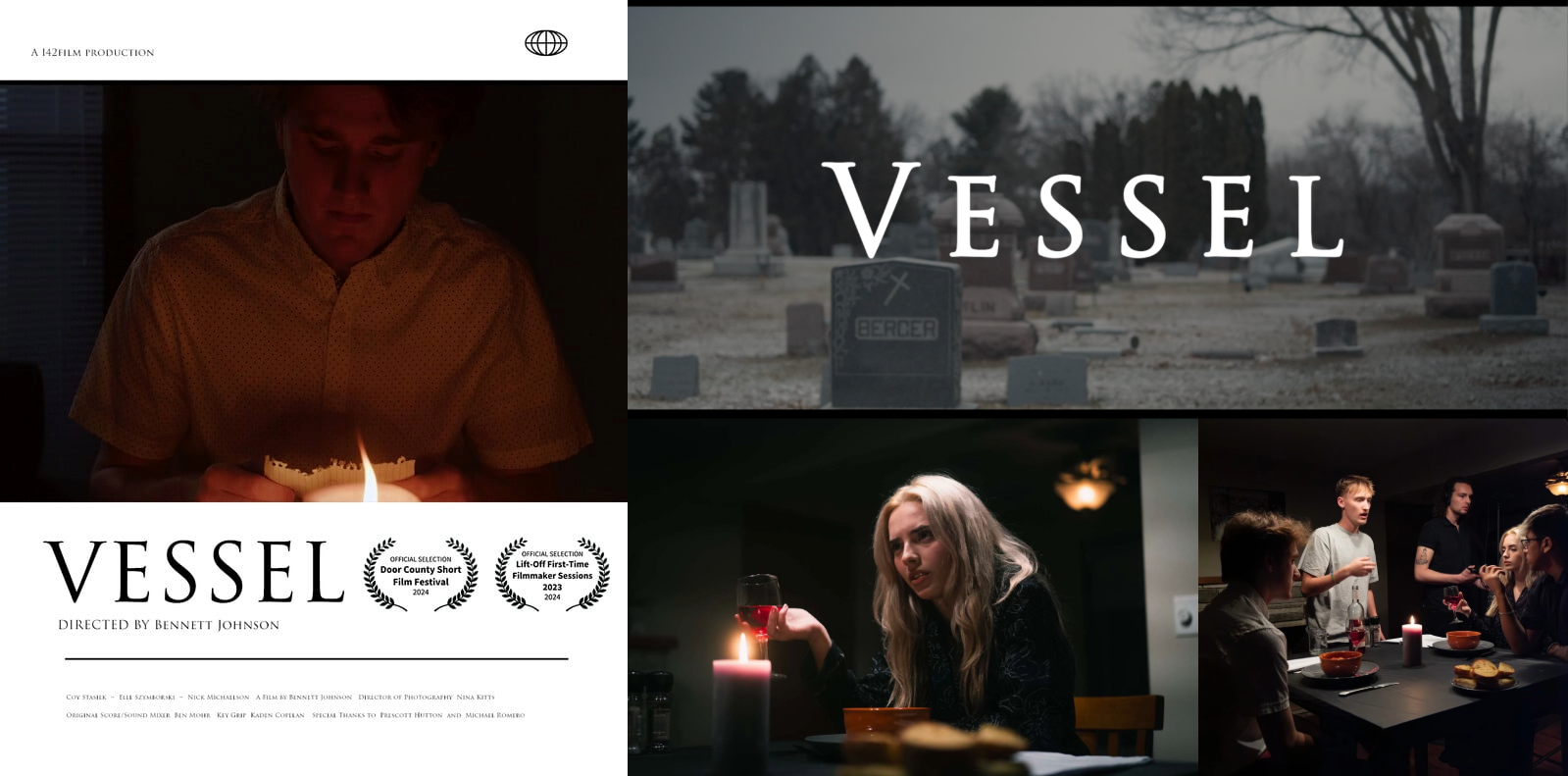 The poster and three images of the film Vessel. The poster shows a person lit by a candle holding a piece of torn notebook paper. The other images show a graveyard with the film's title over it, a girl hunched over a table with a candle on it, and a group of people standing around a table.