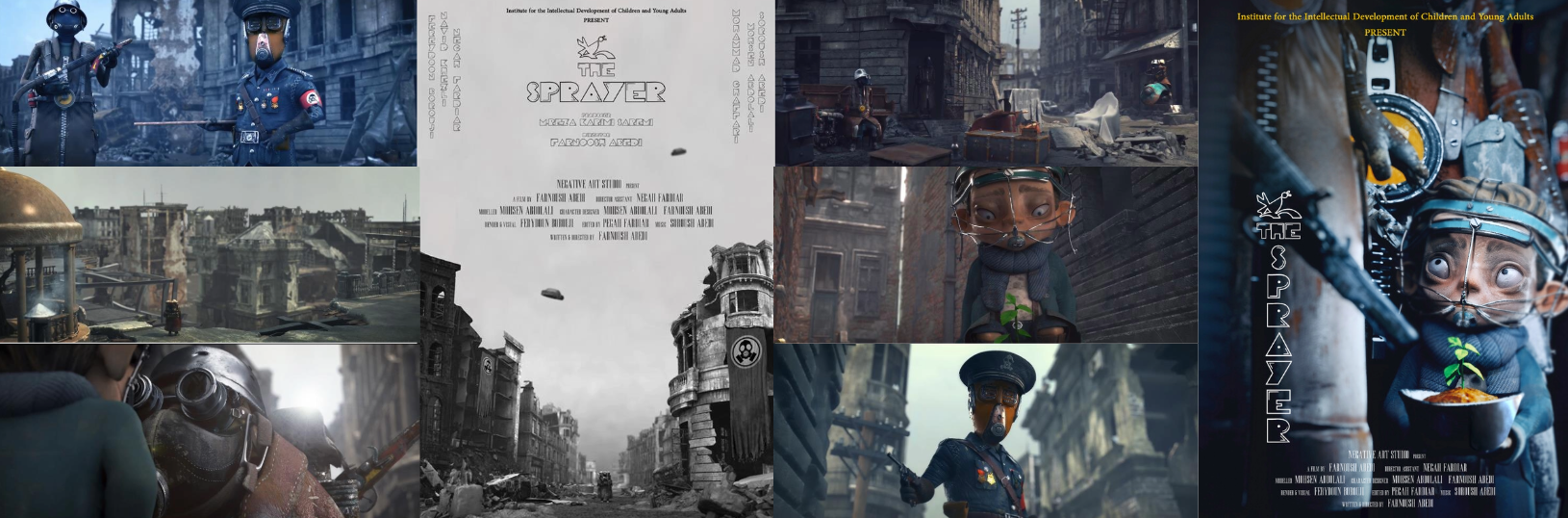 Two posters and six stills from the short film The Sprayer. One poster shows a gloomy city street while the other poster shows a small person wearing a face shield and holding a small plant. The other stills show additional shots of the decaying city and of people wearing military uniforms and facial coverings.