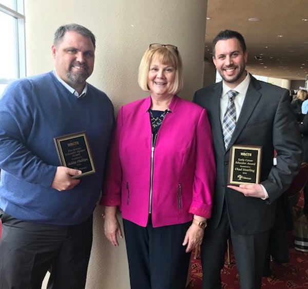 From left, Bobby Phillips, UW-Stout Associate Dean Carol Johnson and Chad Siverling at the WACTE awards reception in Madison.