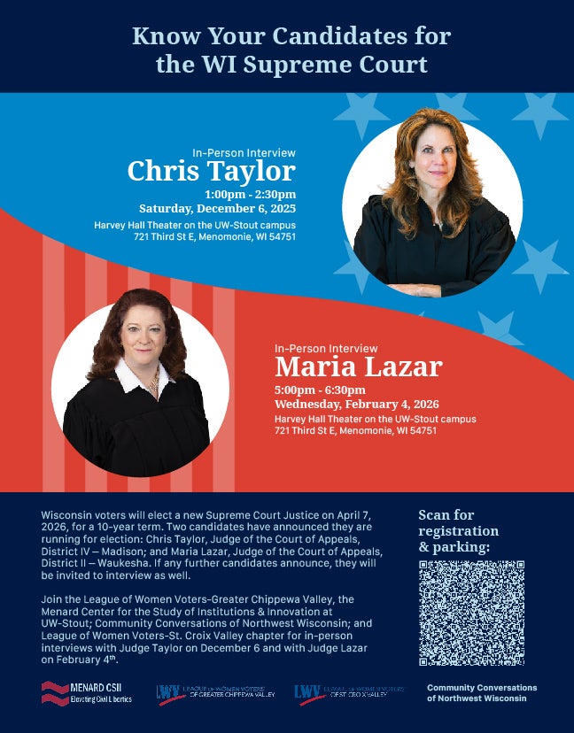 Know Your Candidates for the WI Supreme Court Poster: Featuring Photos of Judge Chris Taylor (Blue) and Judge Maria Lazar (Red)