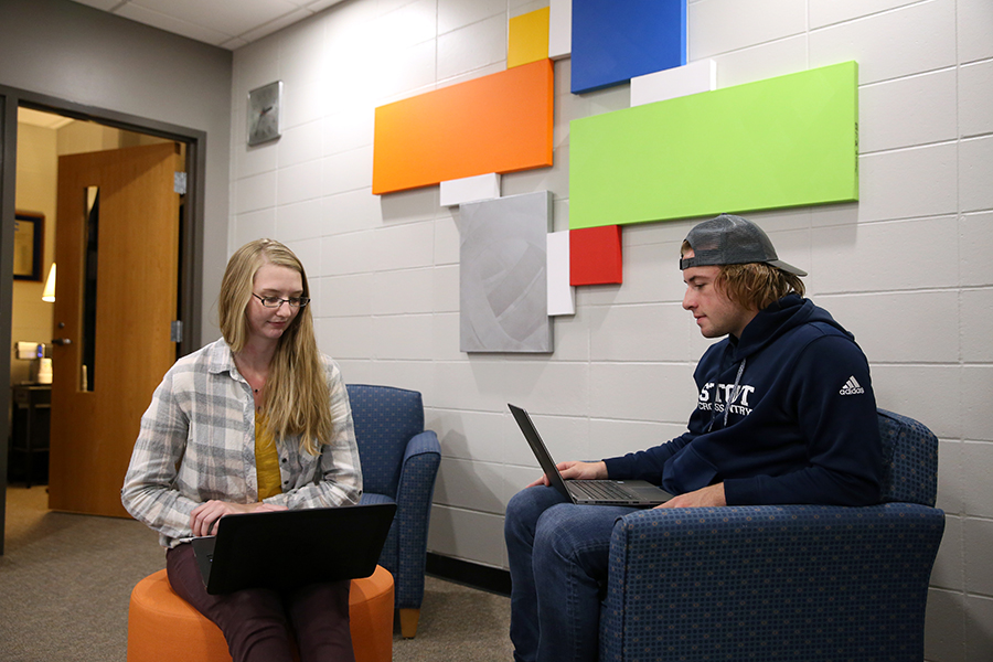 In foreground, UW-Stout students Lizzie Stanford, left, and Matt Oakland study in the study lounge at the Weidner Center. In the background, Kody Radtke works on his laptop computer.