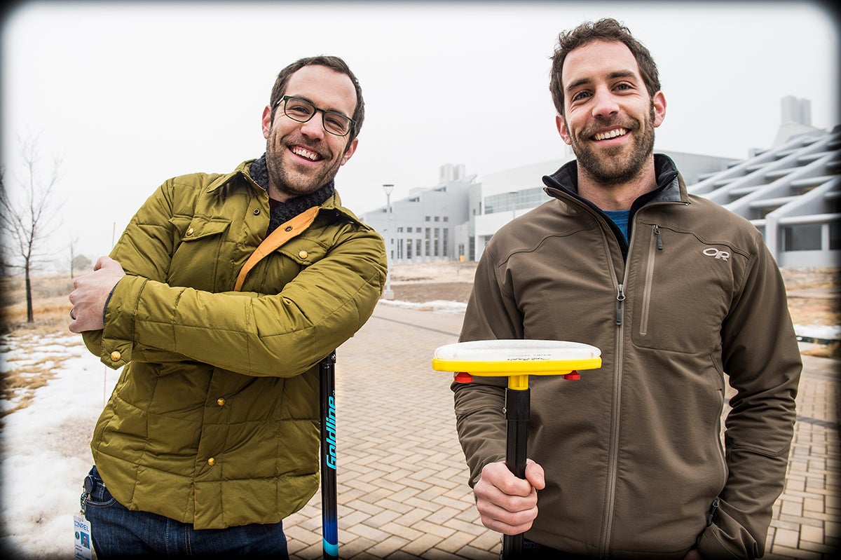 Vincent, at left, and Lance Wheeler in 2015, when both were working at the National Renewable Energy Laboratory. /Photo courtesy of NREL