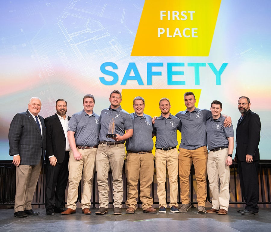 UW-Stout construction majors celebrate their first place in safety in the ABC national competition. From left are Alex Daniels, Vincent Lien, Ryan Arts, Michael Sonsalla, Matthew Jagodzinski and Jordan Jenson.