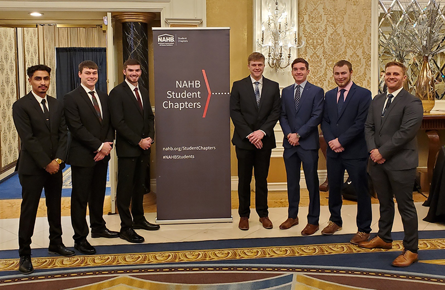 UW-Stout’s construction competition team took third place in the nation recently in a National Association of Home Builders event. From left are Esteban Perez, Chandler Schreiber, Colton Salzman, Alex Buchacek, Connor Jackson, Tyler Christensen and Josh Wisniewski.