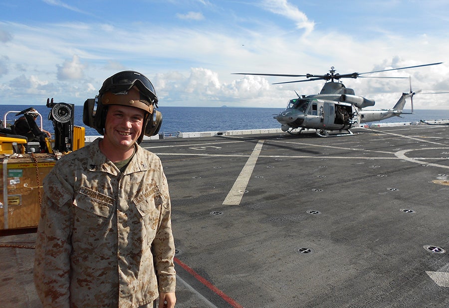 Brent Coulthart works on the deck of the USS San Diego near Iwo Jima, Japan, while deployed to the Persian Gulf in 2014. He was a helicopter mechanic in the Marine Corps.