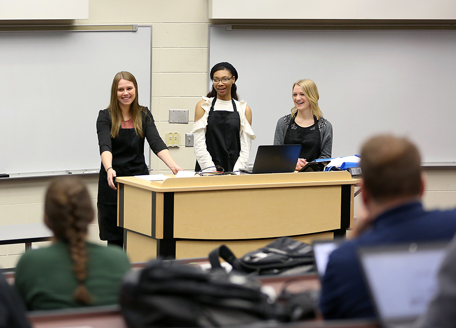 UW-Stout students present a business idea during an entrepreneurship class.