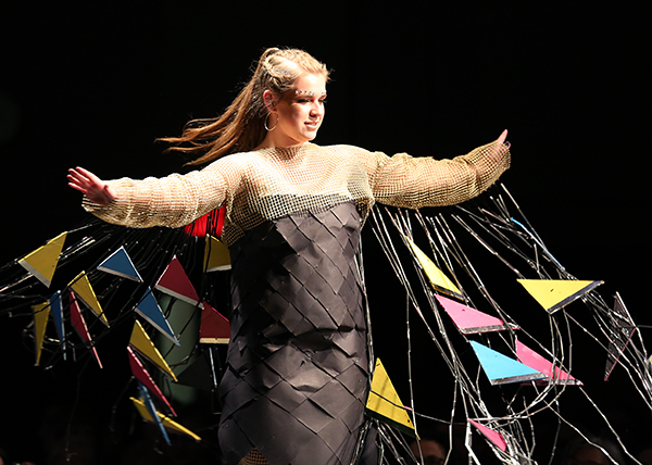 Jackie Miller models “Goddess From the Future” at the 2018 Fashion Without Fabric show at UW-Stout. Miller designed the entry with fellow art student Tianna Rassmussen.