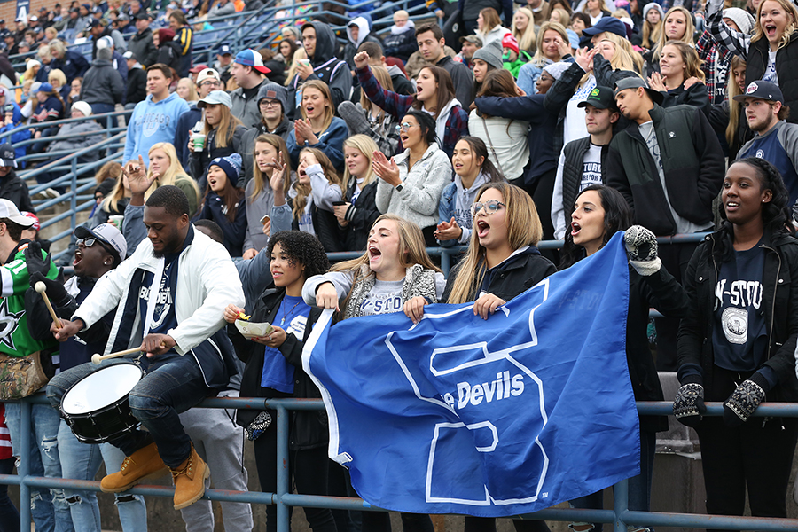 Fans cheer on the Blue Devils during the 2018 homecoming football game at Williams Stadium.