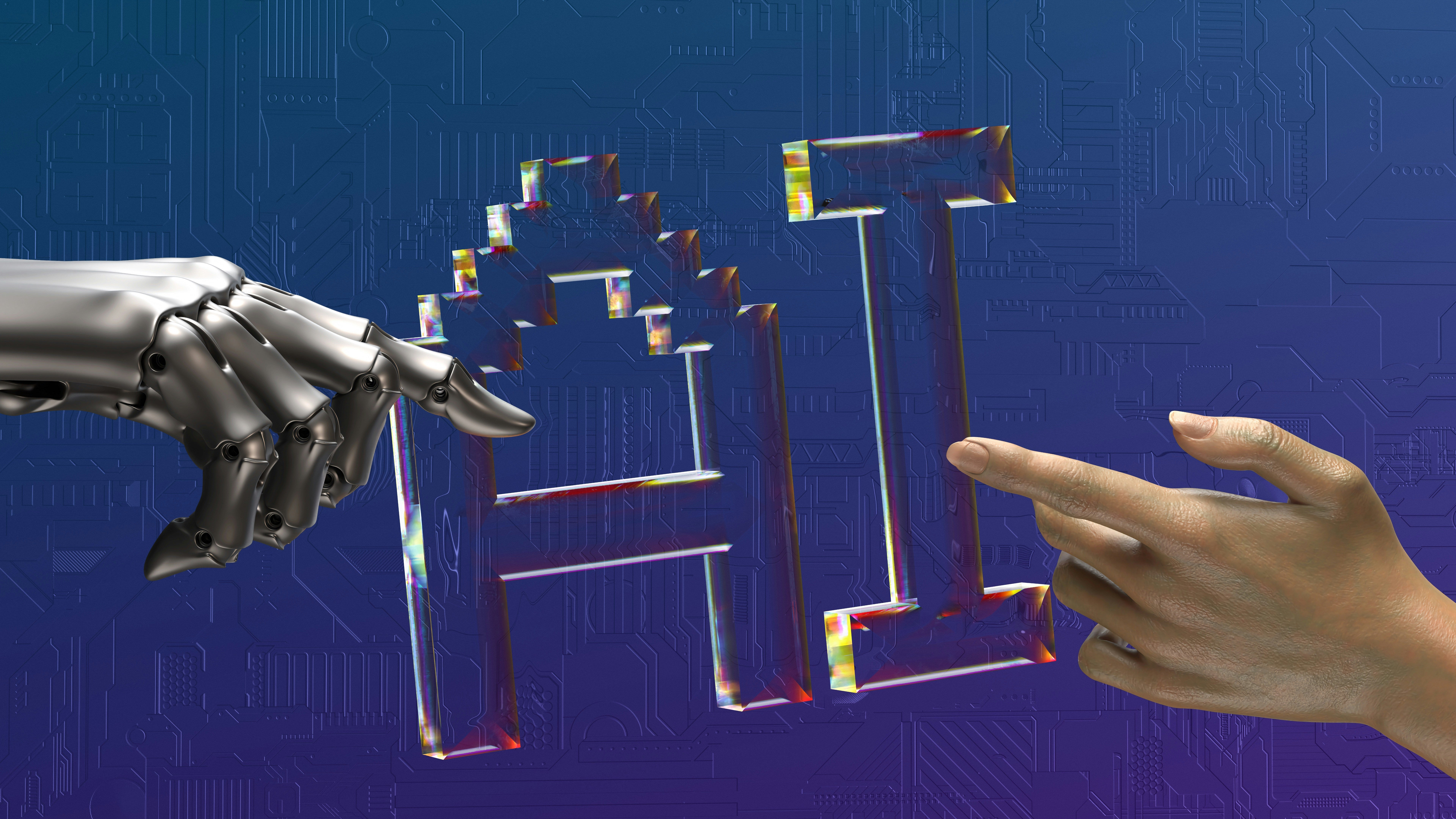 A robot hand reaching out to touch a human hand with "AI" inbetween