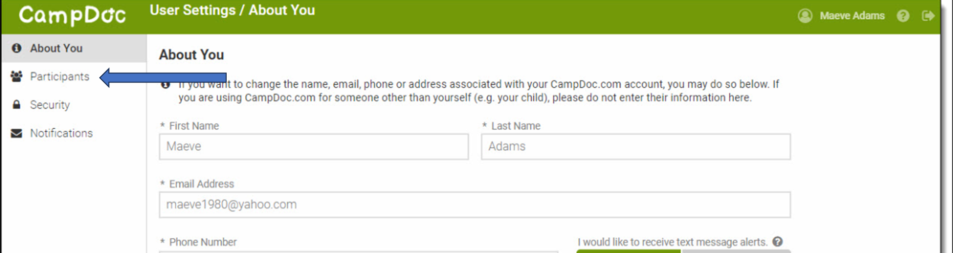 picture of the CampDoc registration portal for parents and guardians. After Completing the "About You" section, users access the participants section as step two.