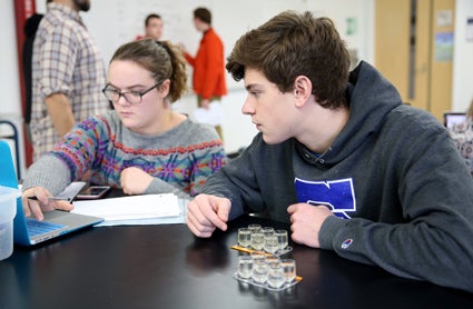 Students Alyssa Tobias, left, a junior from Arlington Heights, Ill., and Jarrett Frosch, a sophomore from Sauk City, work in a biology lab at UW-Stout. The class, Science, the Environment and Sustainability, helped remove invasive species from Menomonie’s Lakeside Park.