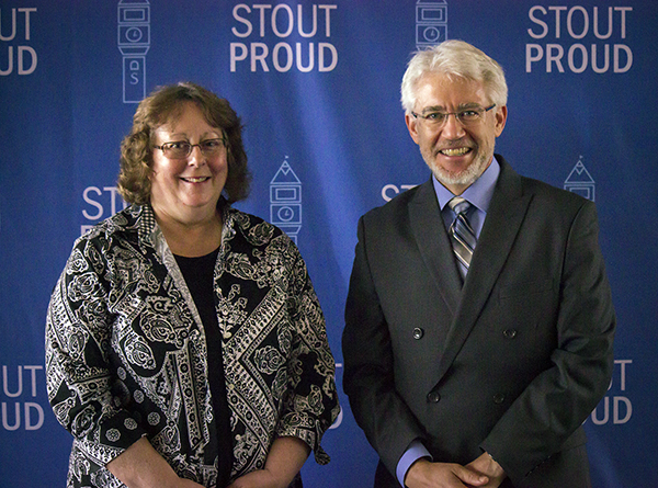 Sue Krings received the University Staff Employee Appreciation Award for September at UW-Stout from interim Chancellor Patrick Guilfoile.