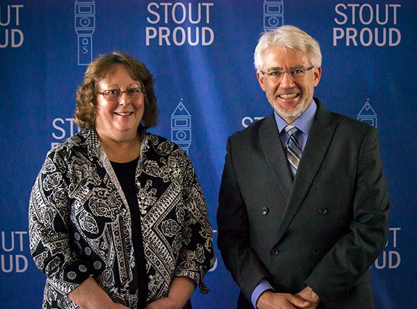 Sue Krings received the University Staff Employee Appreciation Award for September at UW-Stout from interim Chancellor Patrick Guilfoile.