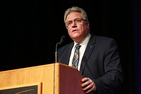 Chancellor Bob Meyer addresses faculty and staff Monday, Jan. 14, to kick off the spring semester.