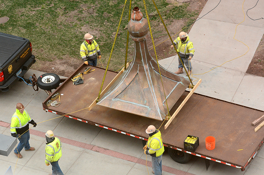 The rebuilt cupula sits on a trailer April 23 before being lifted by a crane to the top of Bowman Hall and set in place.
