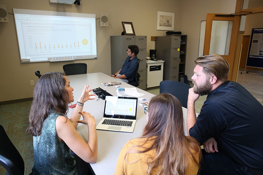 The Social Science Research Center’s goal is to give undergraduate students an opportunity to get immersed in learning and provide good data for those who want it, says Tina Lee, at right, the applied social science program director, with students Elle Alvarez, Ryan Leckel and Frank Janovec.